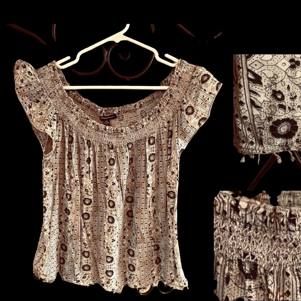 American Eagle Smocked Fringe Off The Shoulder Top Boho Size S